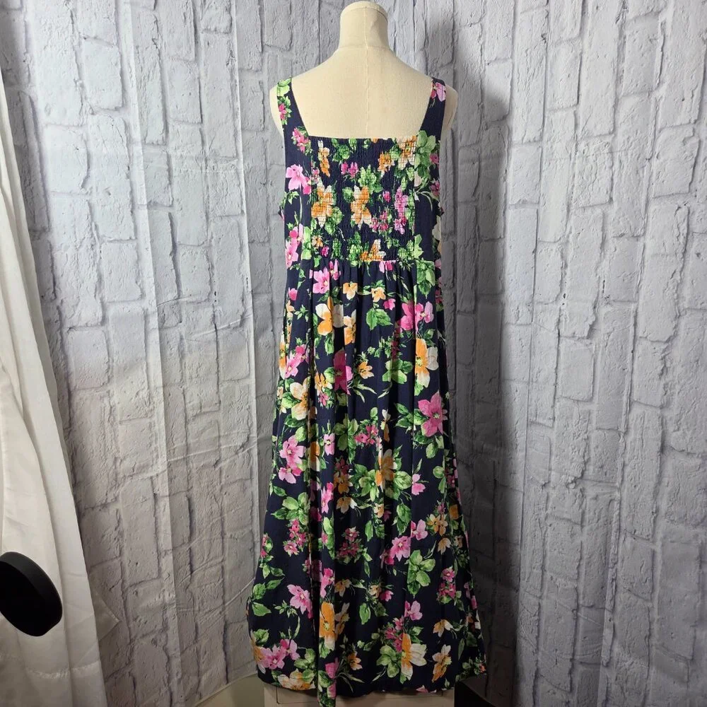 Old Navy Extra Large Navy Blue Floral Linen Blend Smocked Cottagecore Midi Dress - Picture 6 of 10